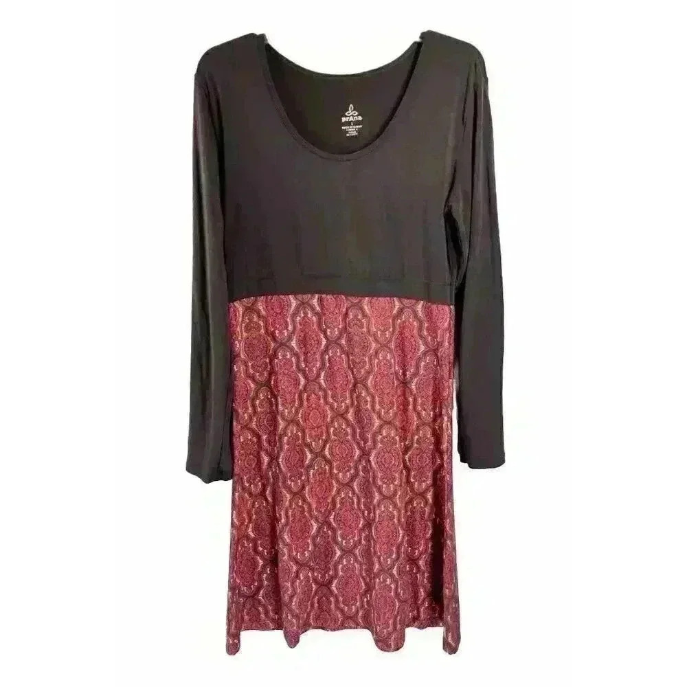 Prana Sz Large Kaley Dress Knee Length Long Sleeve Brown Pink Jacquard Print